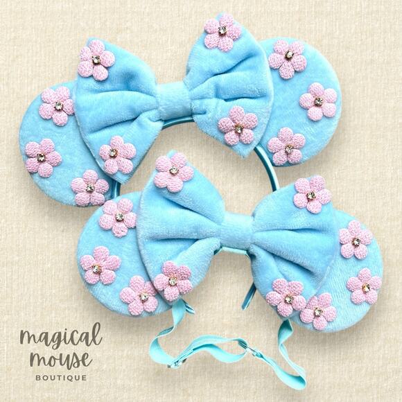 Disney Accessories - Pastel Blue Velvet & Pink Floral Mommy & Me Minnie Ears | Disney-Inspired Set